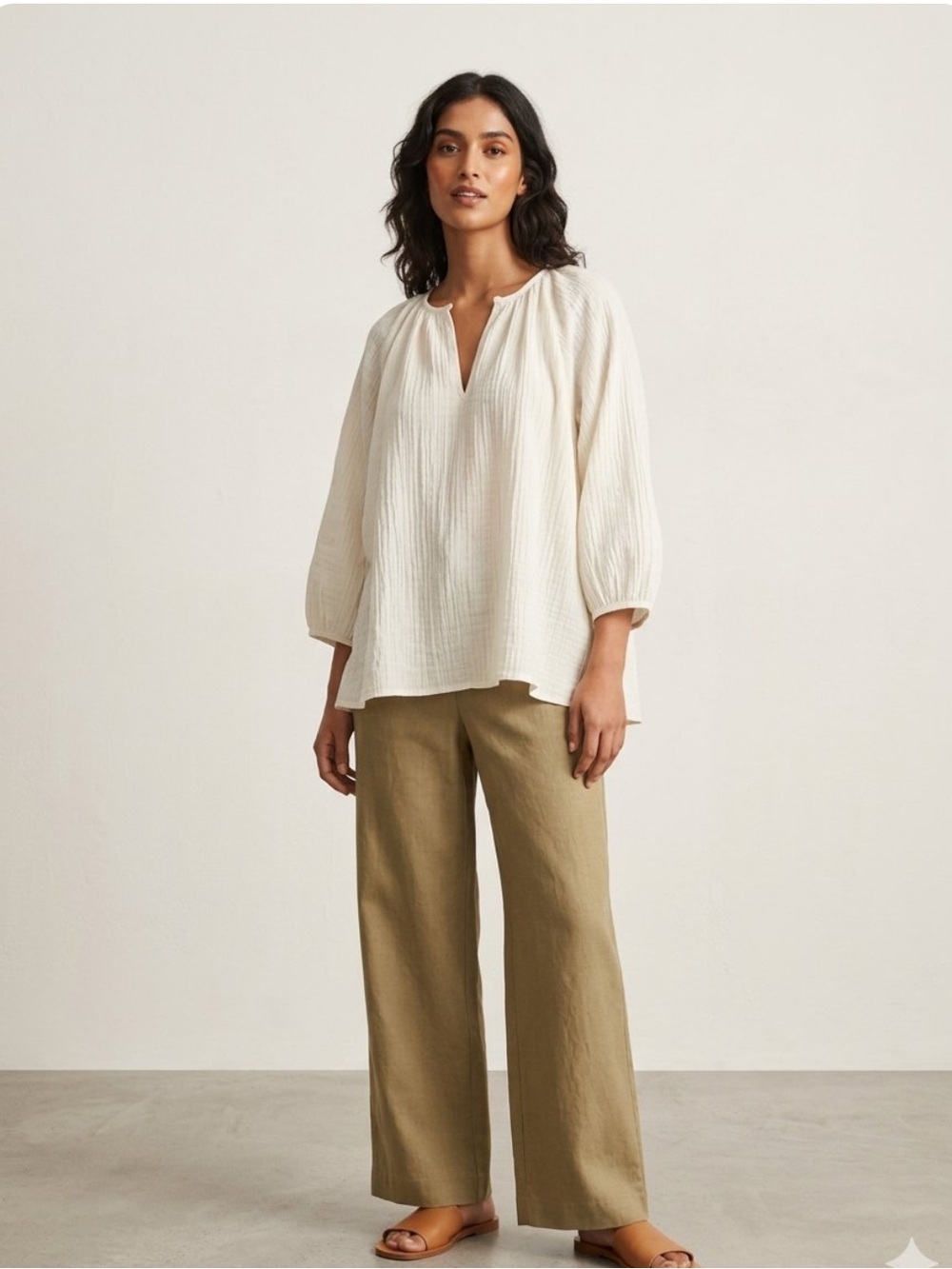 COS crinkled textured blouse white ivory 3/4 sleeve high neck peasant minimalist